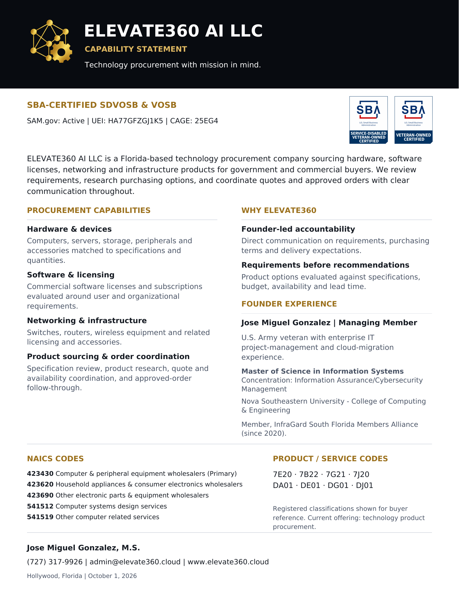 Preview of ELEVATE360 AI capability statement. Open the PDF to read the accessible document.